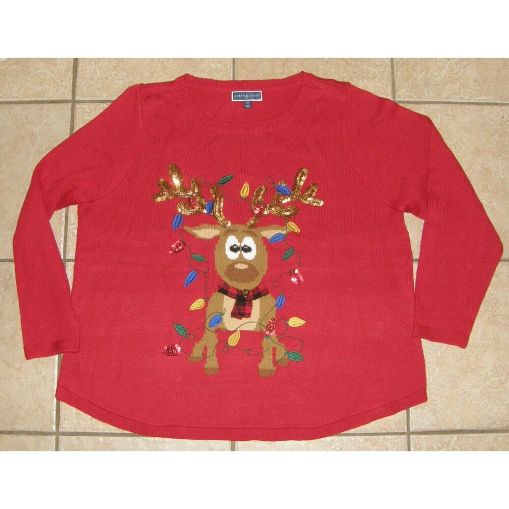 Embellished Red Plus Sz 3X Christmas Holiday Sequin REINDEER Sweater KAREN SCOTT
